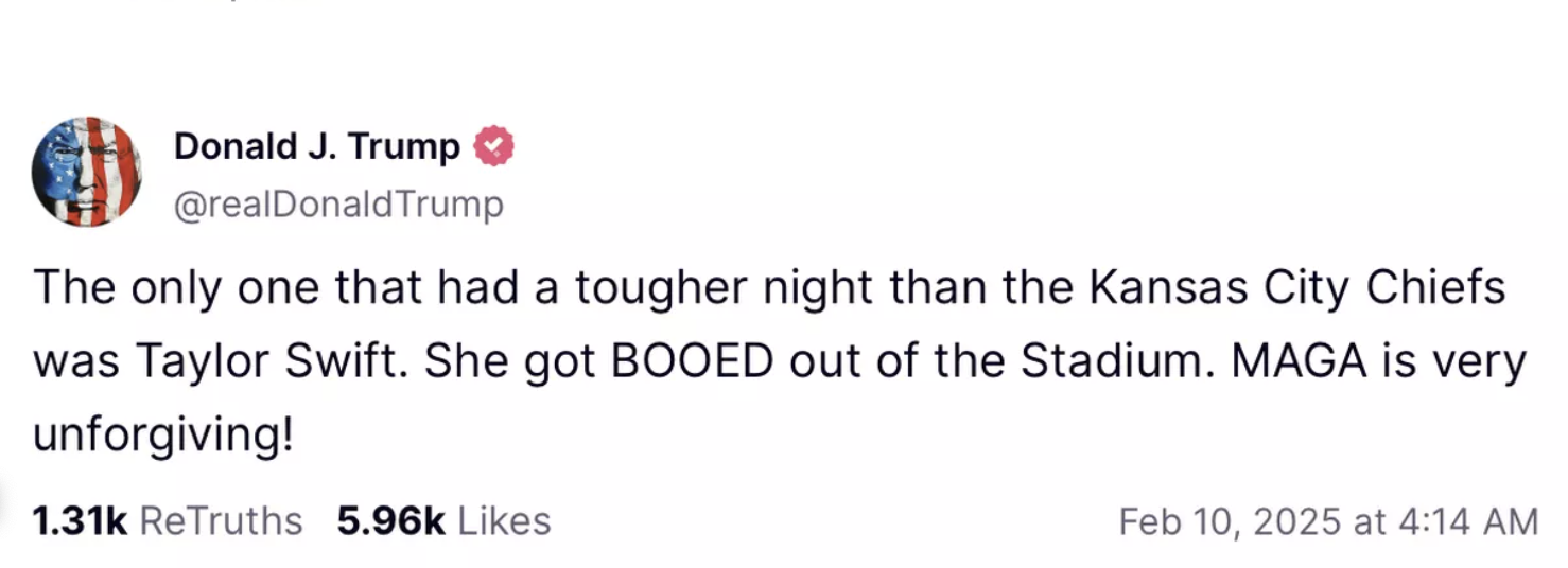 霉霉超级碗现场被嘘一脸尴尬，川普连发3贴嘲讽